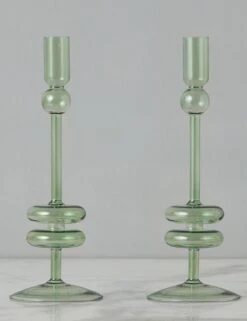 Glass Candlestick Pair (Set Of 2) By EtúHOME -Home Decor Sale Lulu and Georgia GEY517EG2 etuhome Sage Glass Candlestick Pair Medium 1 2 Product